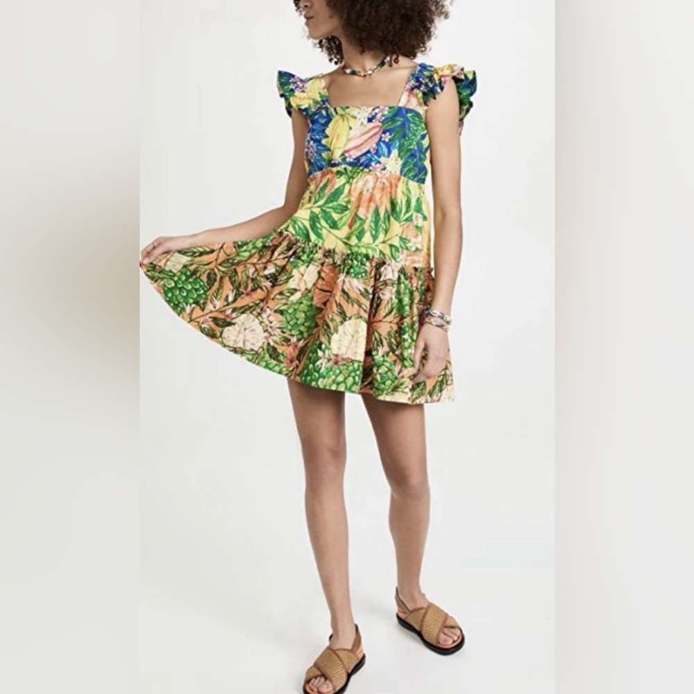 FARM RIO Anthropologie Caipirinha Tiered Ruffle Tropical Mini Dress size S